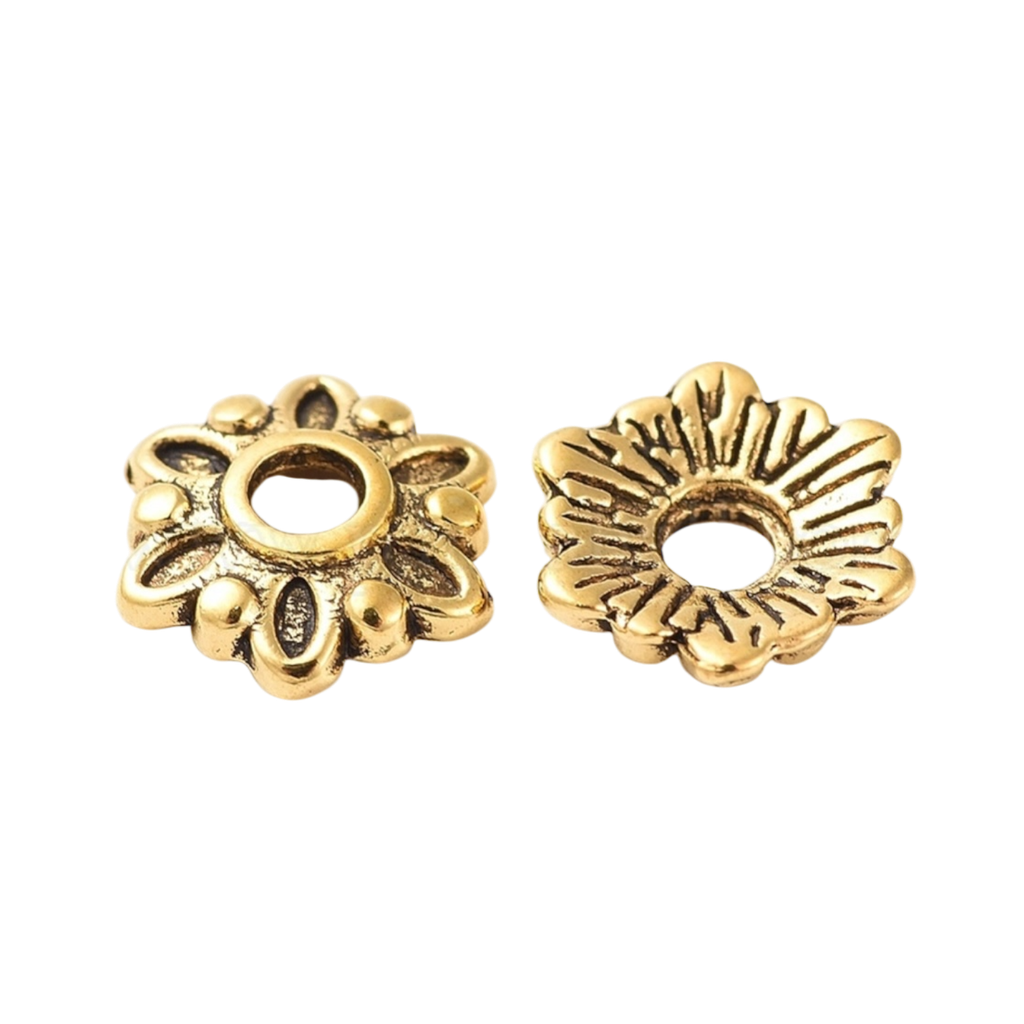 Coupelles de style tibétain, sans cadmium et sans plomb, fleur, Or antique, 7x7x2mm, Trou: 1.5mm (x1 unité)