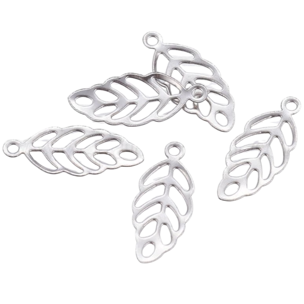 Breloques en acier inoxydable 316 résistant au ternissement, feuille, couleur inoxydable, 13x5.5x0.3mm, Trou: 1mm (x1 unité)