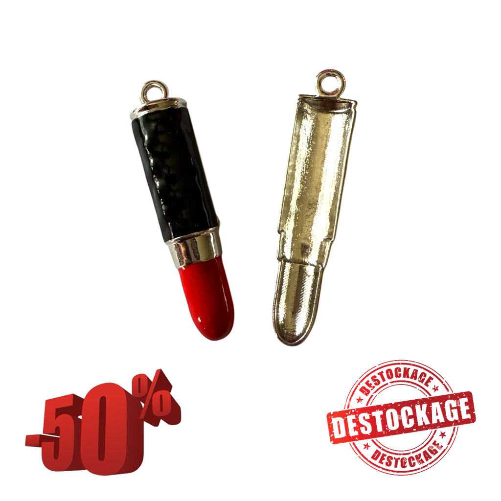 Pendentifs d'émail en alliage, pendentifs de maquillage, rouge à lèvres, argenté, rouge et noir 69x15x7mm, Trou: 4mm (x1 unité) (Destock)