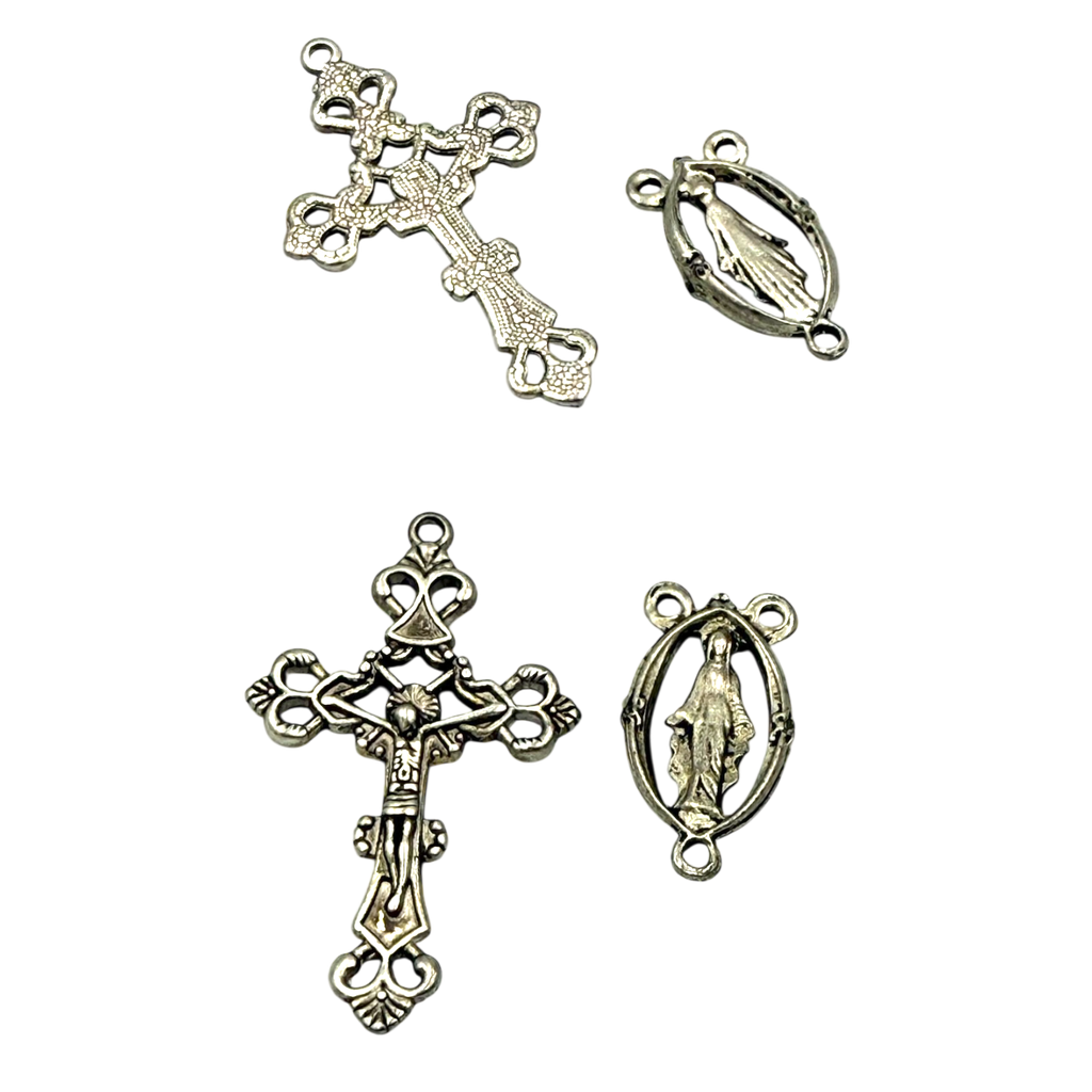 Kit d’accessoire, lien chandeliers comme pièce maîtresse, pendentifs alliage crucifix de croix et un liens vierge, pour la fabrication de collier de chapelet de Pâques, sans plomb, argent antique, Liens: 13x25x3 mm, Trou: 2mm, croix: 26x43.5x3 mm, Trou: 2mm (x1 kit)