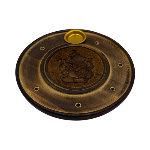 [SE-18] Porte Encens en Bois Rond Ciselé Ganesh 10cm