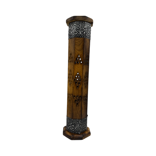 [SE-28] Porte Encens Tour Octogonale en Bois de Mangue & Métal 30cm
